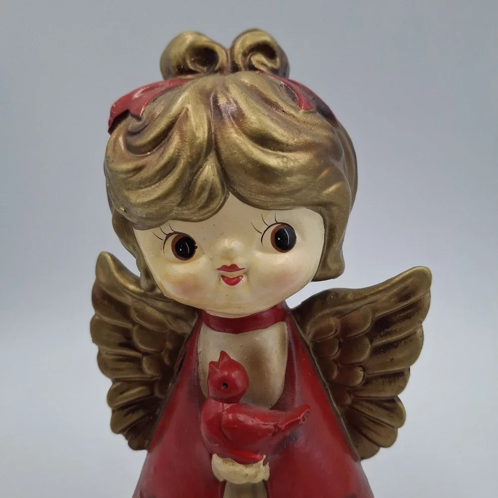 Vtg Christmas Angel Figurine Japan Mid Century‎ Red Gold Big Eye Girl Cardinal